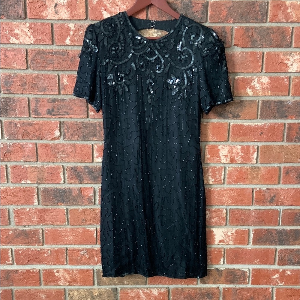 Vintage Silky Nights Black Beaded Sequin Formal Dress